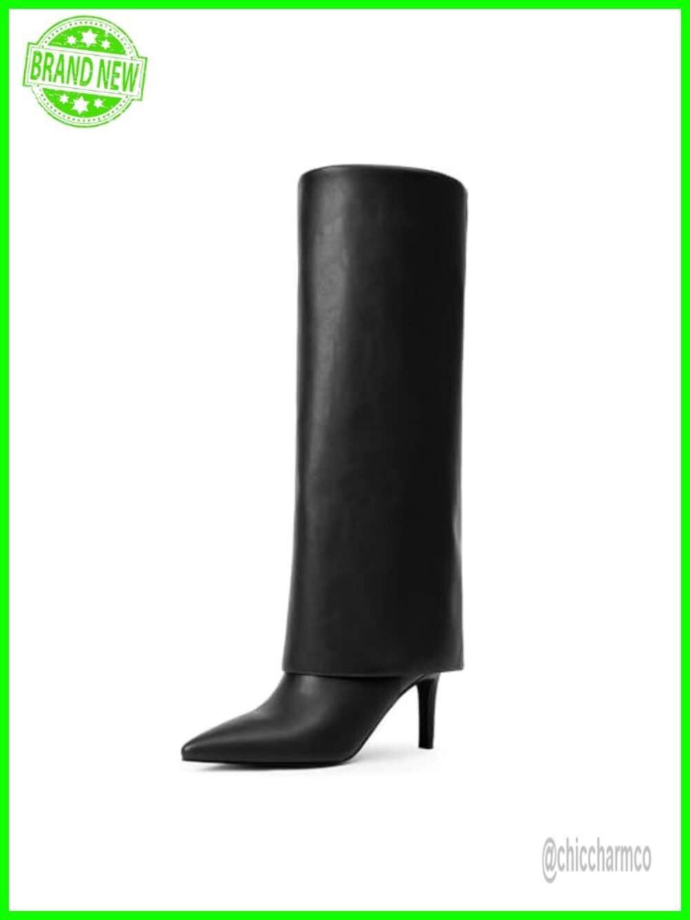 Fold Over Knee High Boots Wide Calf Stiletto Heel PU Leather
